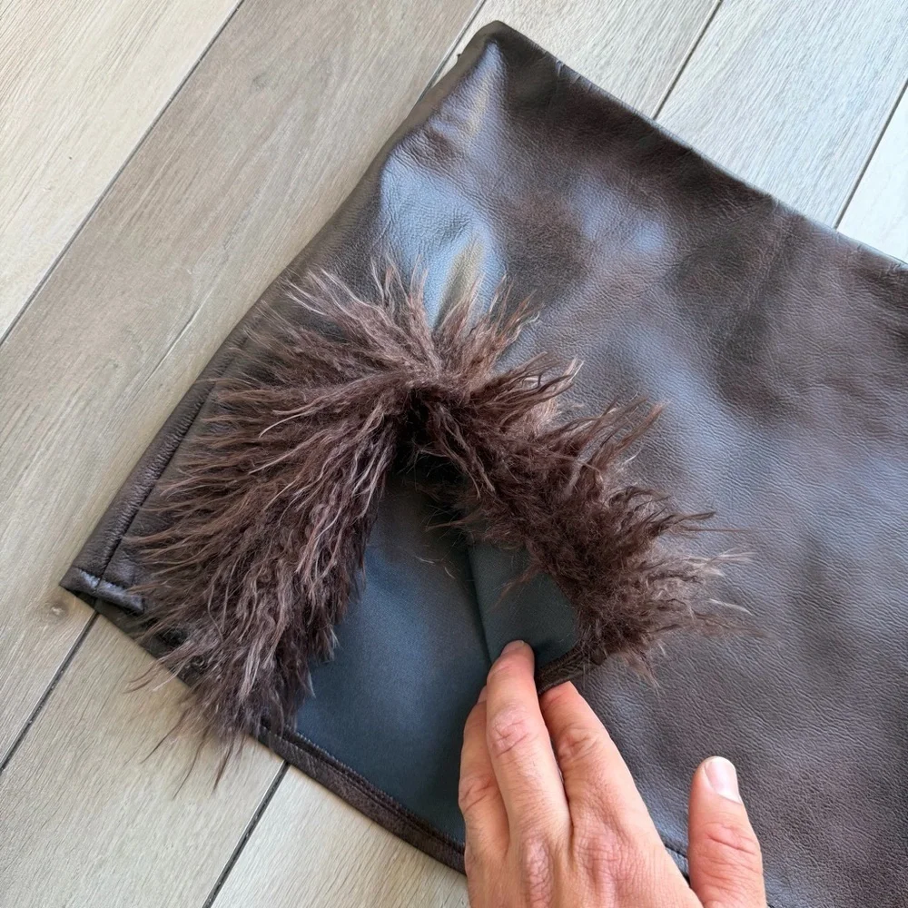 Fashion Nova brown faux leather skirt with fur detail